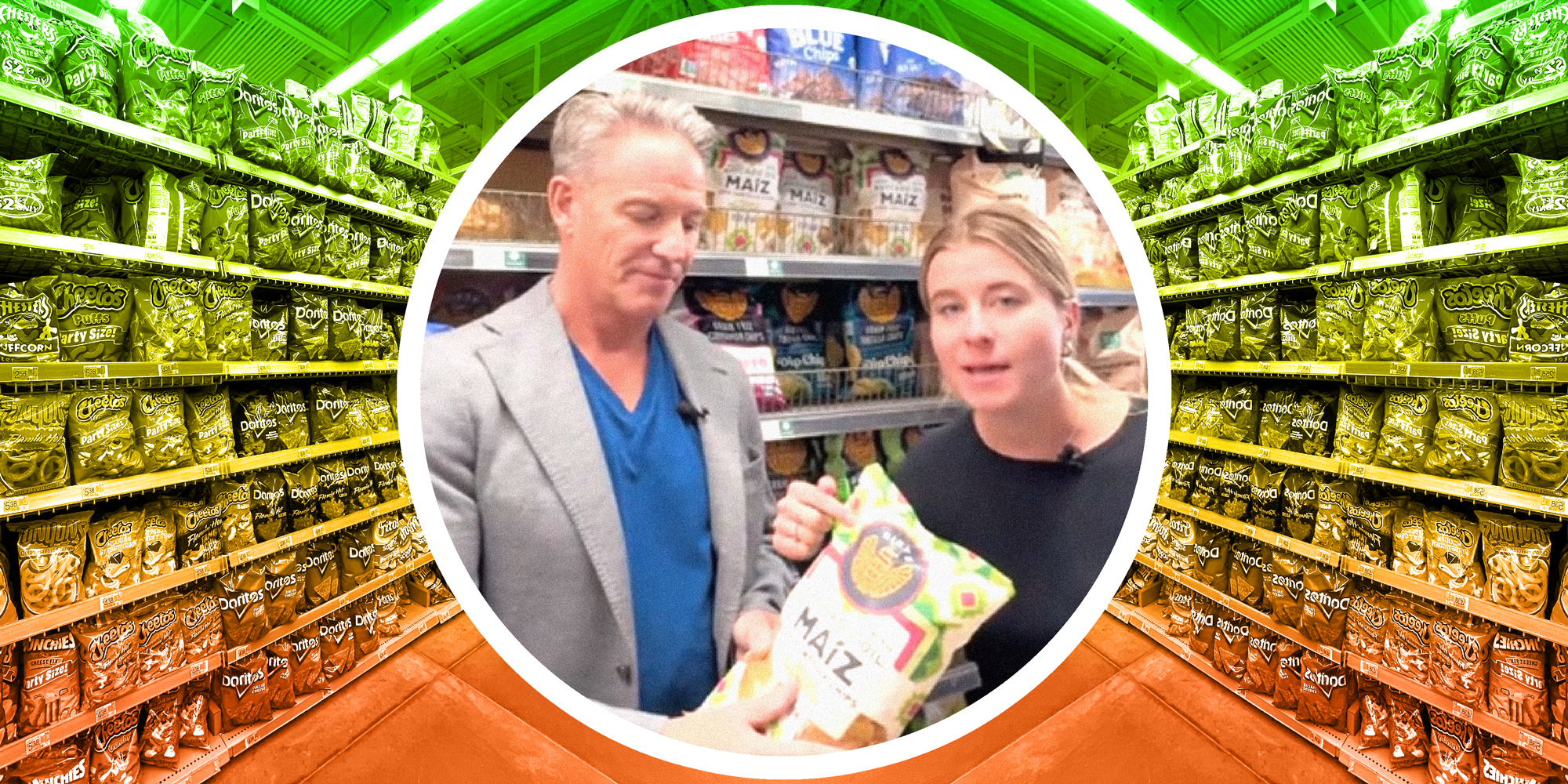 photo collage of two people buying chips and a grocery store chips aisle behind them.
