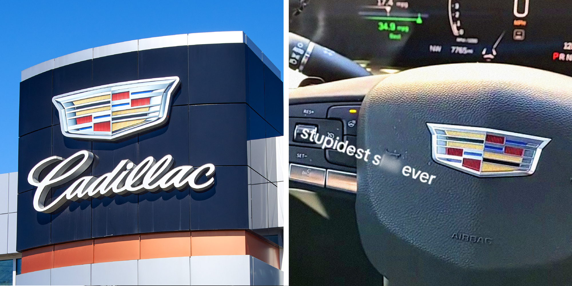 2 panel image of a Cadillac car dealership sign and the interior of a Cadillac car, text over: Stupidest (censored) ever.