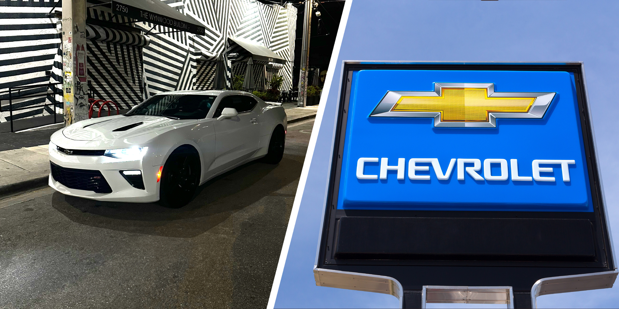 2 panel image: on the left is a Chevrolet Camaro car and on the right is a Chevrolet dealership sign.
