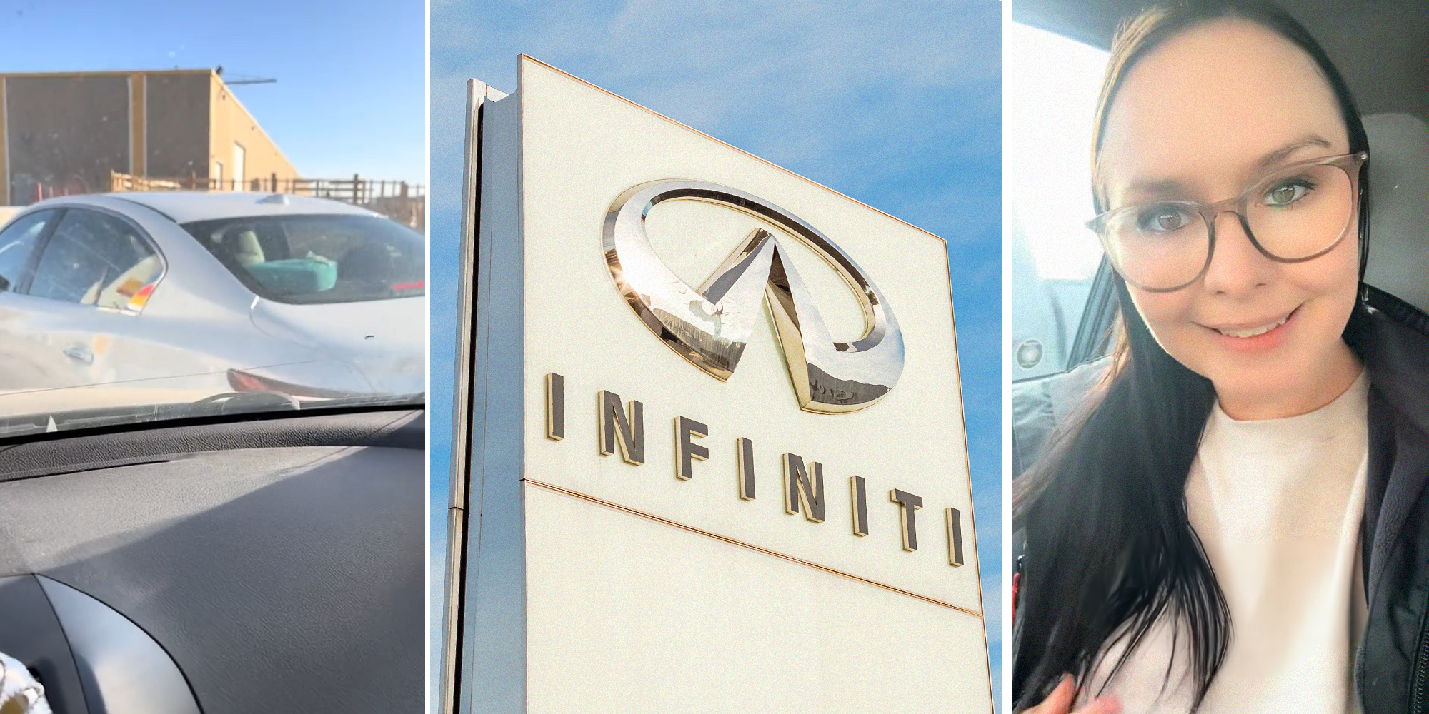 car being side swiped(l) Infiniti Dealer Brand(c) Woman shares experience parked at a car wash(r)