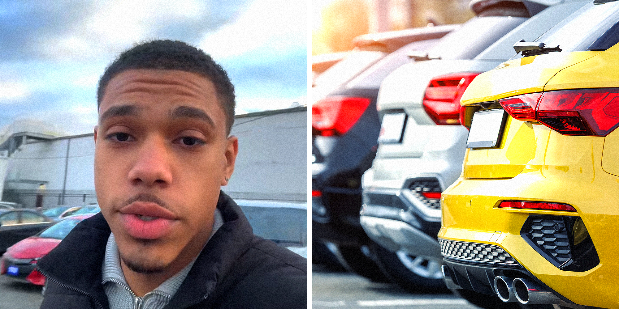 Split image. Man in dealership on left. Cars lined up in dealership on right.