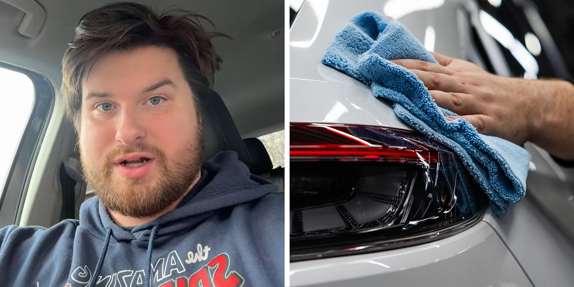 Split image. Bearded man in car on left. Car being washed on right.