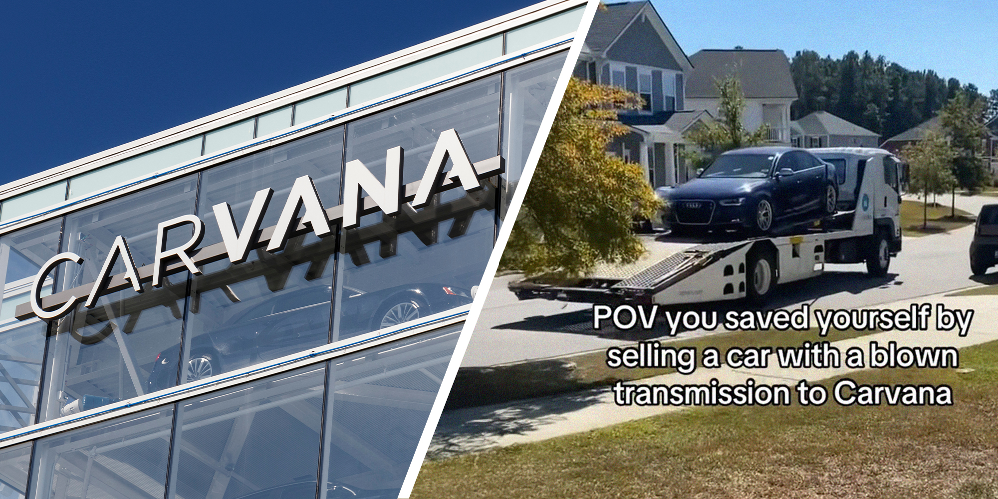 Carvana Building Sign(l) Truck towing an audi(r)