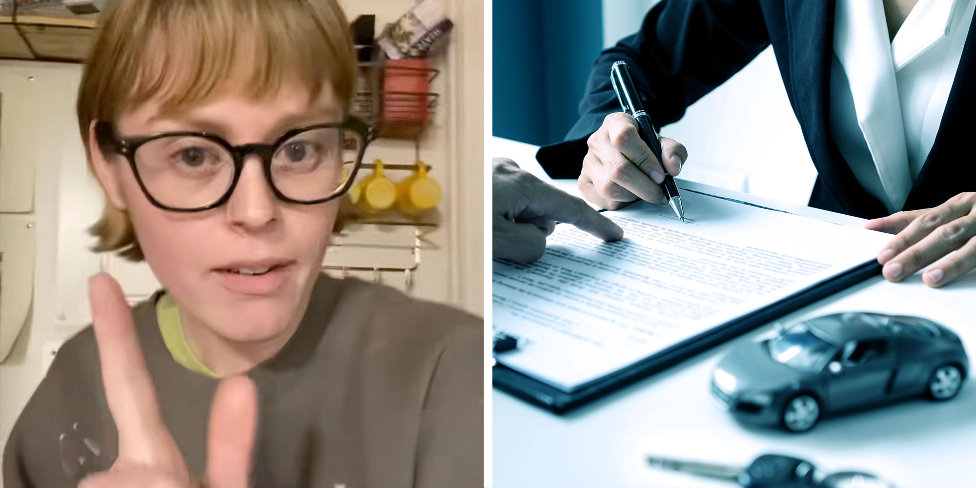 Screenshot of Tiktok user @sydneykidneybean; Photo of a woman signing a car loan agreement.