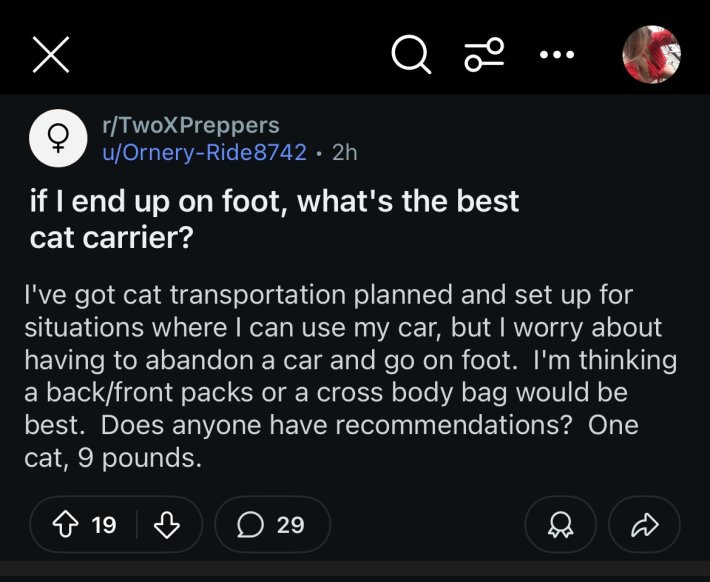 Reddit post titled "if I end up on foot, what's the best cat carrier?" Body text reads "I've got cat transportation planned and set up for situations where I can use my car, but I worry about having to abandon a car and go on foot. I'm thinking a back/front packs or a cross body bag would be best. Does anyone have recommendations? One cat, 9 pounds. "