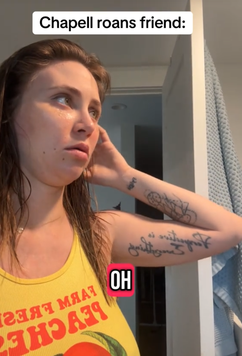 TikTok video with a woman acting out Chappell Roan's friends' reactions after the parenting comments.