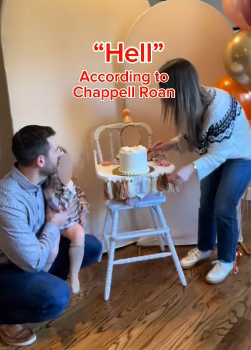 TikTok video of a baby's first birthday cake with the caption "'Hell' according to Chappell Roan."