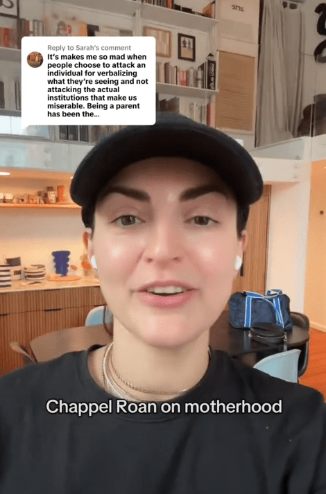 TikTok video of a woman speaking to the camera responding to a comment with the caption "Chappel Roan on motherhood."