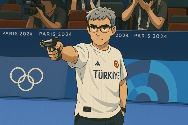 AI-generated Studio Ghibli style meme of the Turkey Olympic shooter, via ChatGPT.