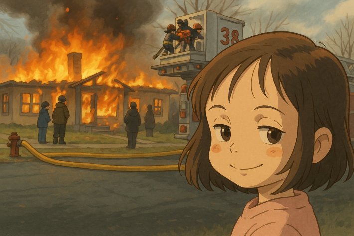Disaster girl meme turned into Studio Ghibli style via ChatGPT.