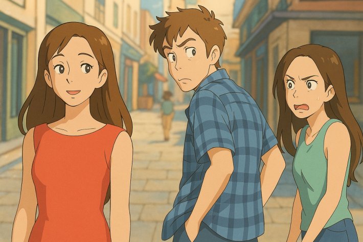 Distracted boyfriend meme turned into Studio Ghibli style via ChatGPT.