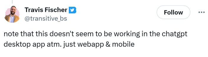 Comment on ChatGPT Studio Ghibli tweet, text reads, "note that this doesn't seem to be working in the chatgpt desktop app atm. just webapp & mobile"