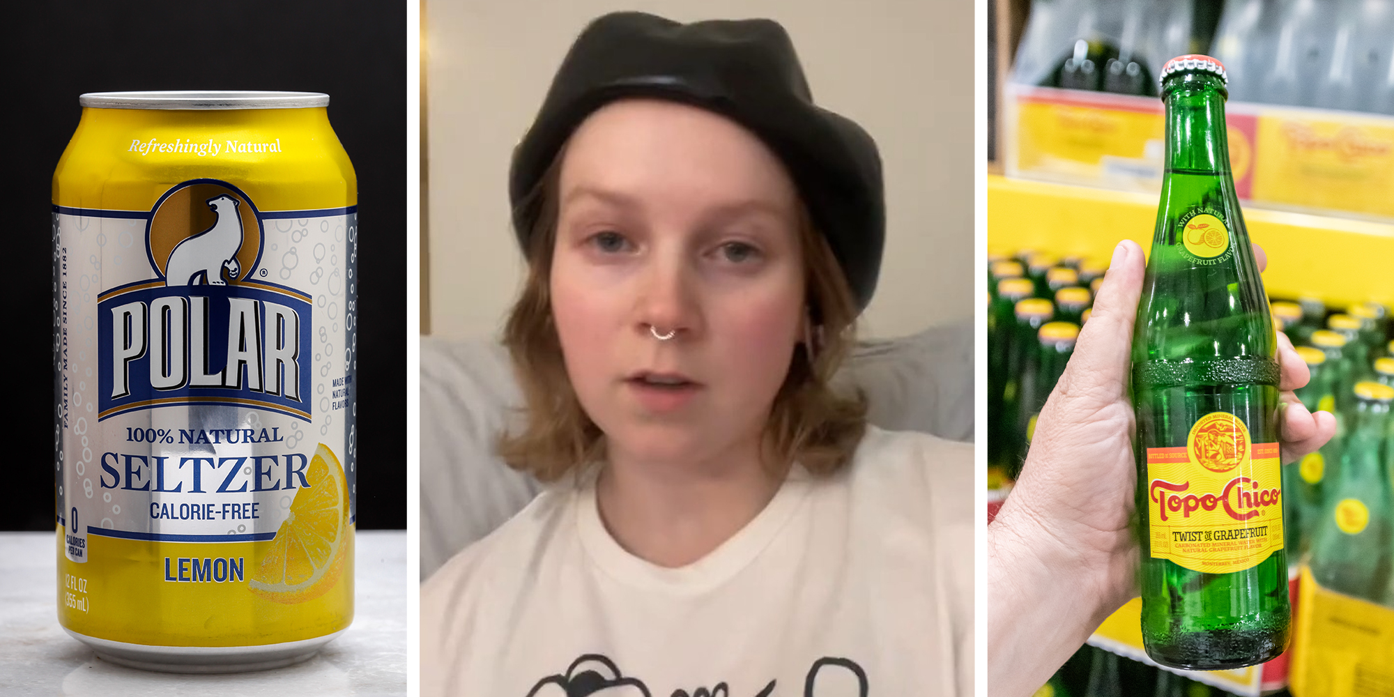 Polar Lemon seltzer can on table with black background behind(l) Woman shares dangers of chemicals in drinks(c) Topo Chico Glass bottle Drink(r)