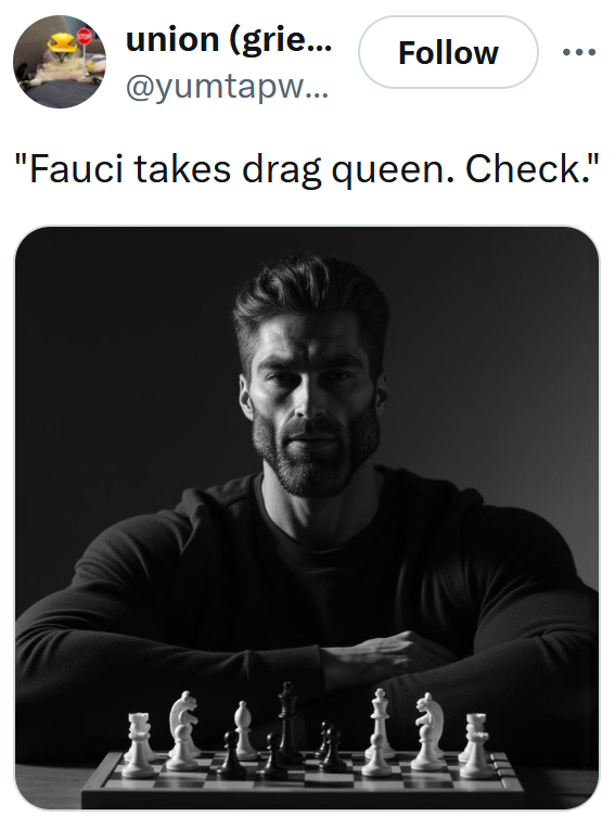 Tweet with an image of the GigaChad behind a chess board reading "Fauci takes drag queen. Check."