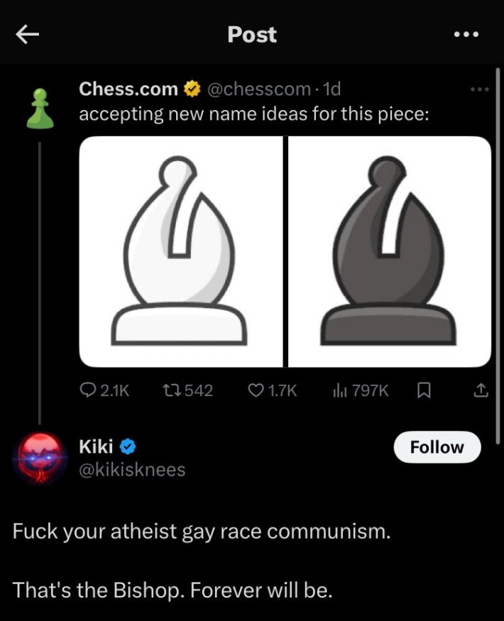 Twitter reply reading "Fuck your atheist gay race communism. That's the Bishop. Forever will be."