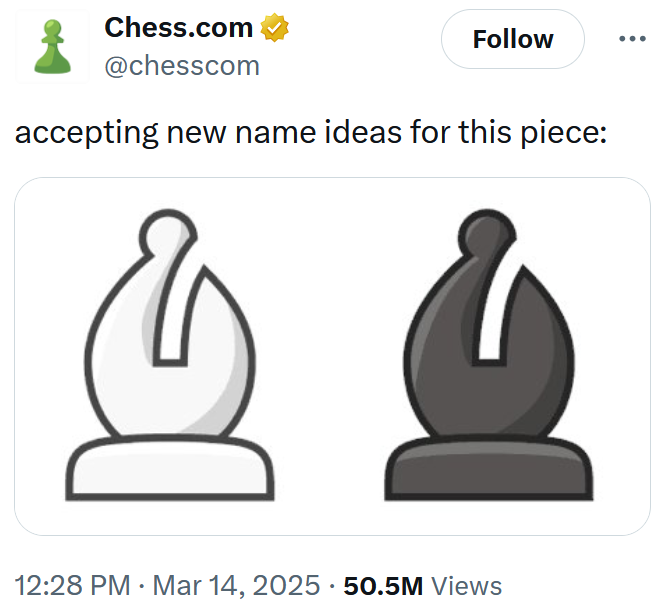 Chess.com post with an image of two bishop pieces, one black and one white, with text reading "accepting new name ideas for this piece:"