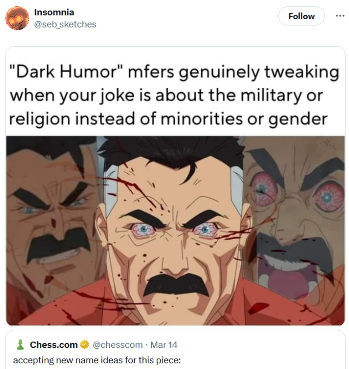 Meme showing a furious man with bloodshot eyes three times and text reading "'Dark Humor mfers genuinely tweaking when your joke it about the military or religion instead of minorities and gender."