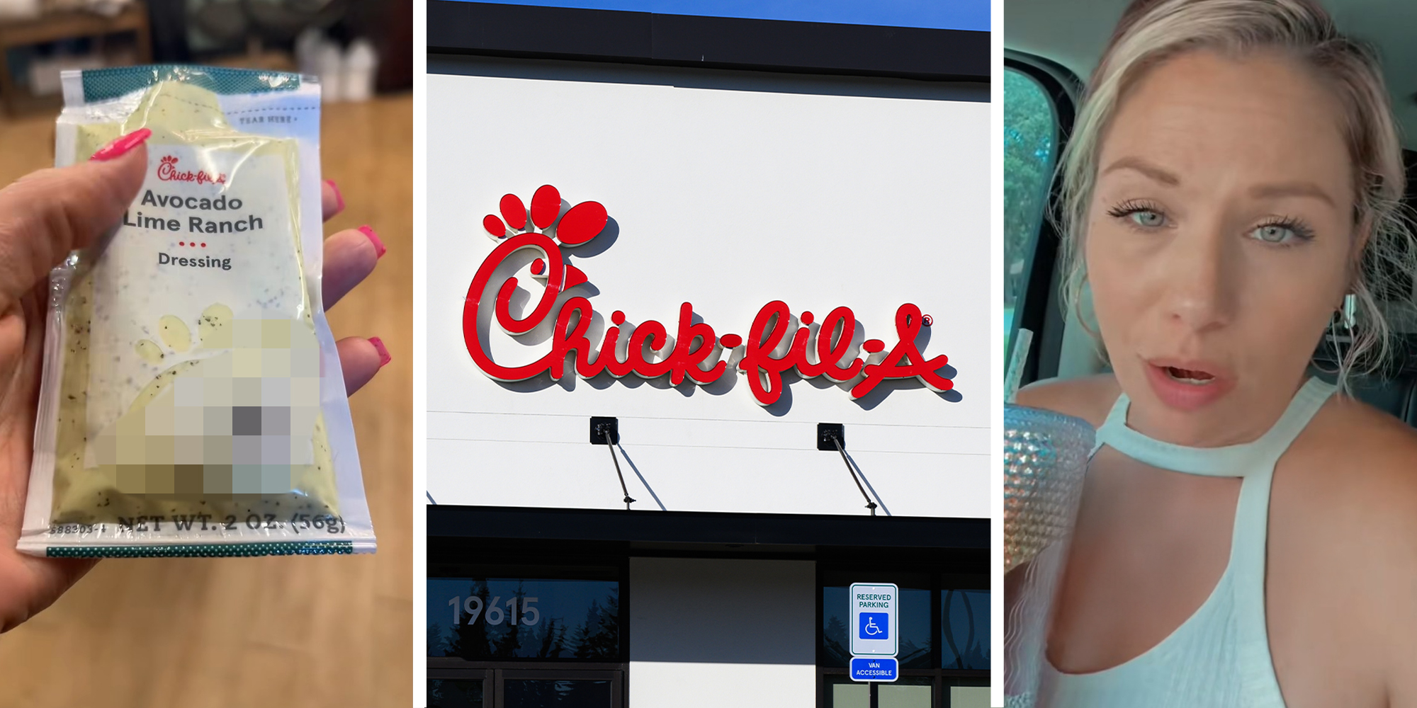 Chick Fil A Avocado Ranch Dressing(l) Chick Fil A Restaurant(c) Woman shares what she found inside her dressing(r)