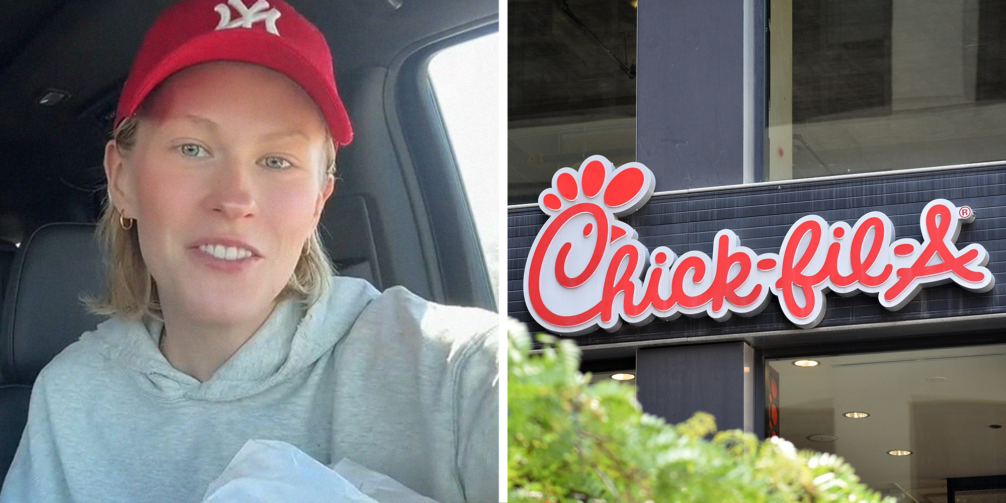 woman shares how to lose weight with Chick Fil A (l) Chick Fil A Store Front(r)