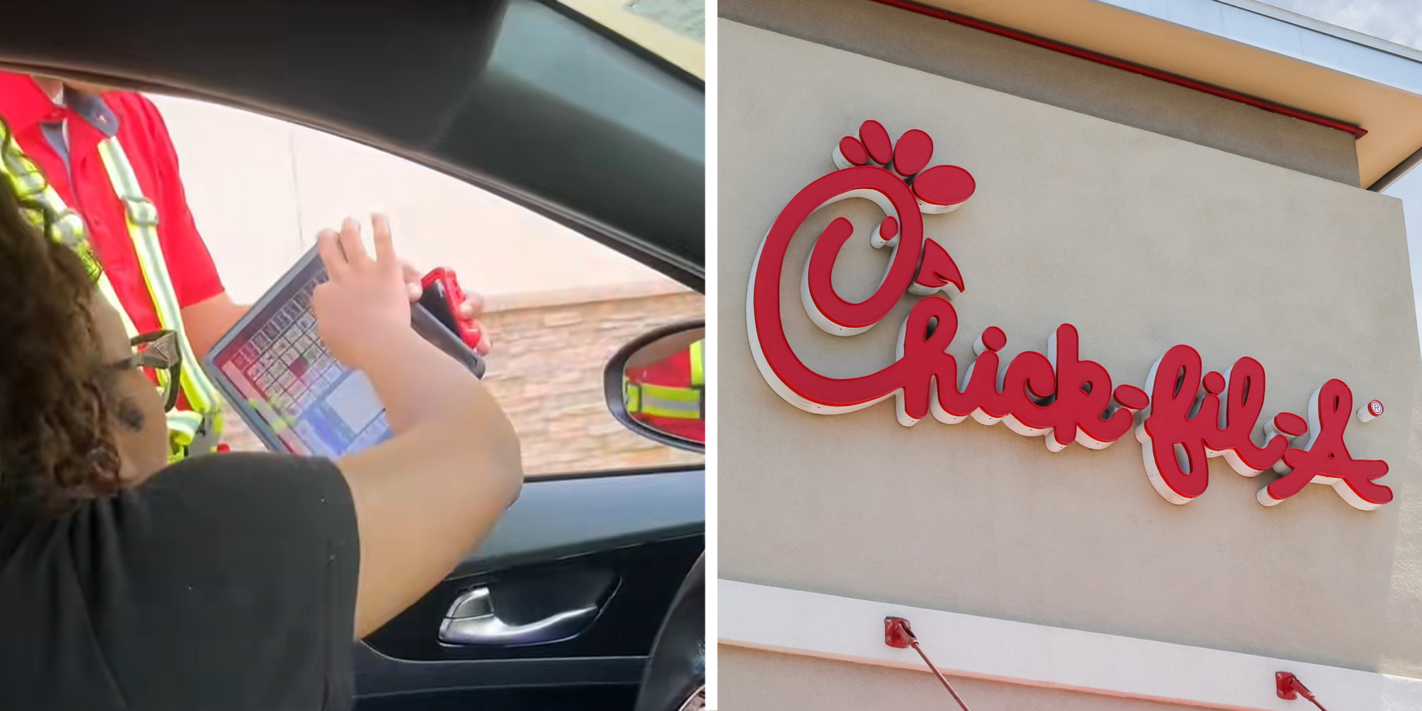 Woman placing her own order at Chick-Fil-A drive through on left. Chick-Fil-A storefront on right.