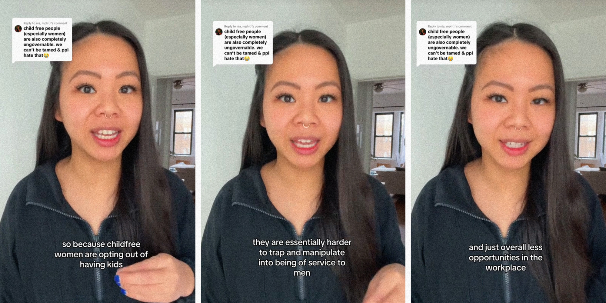 3 panel image of a person explaining.