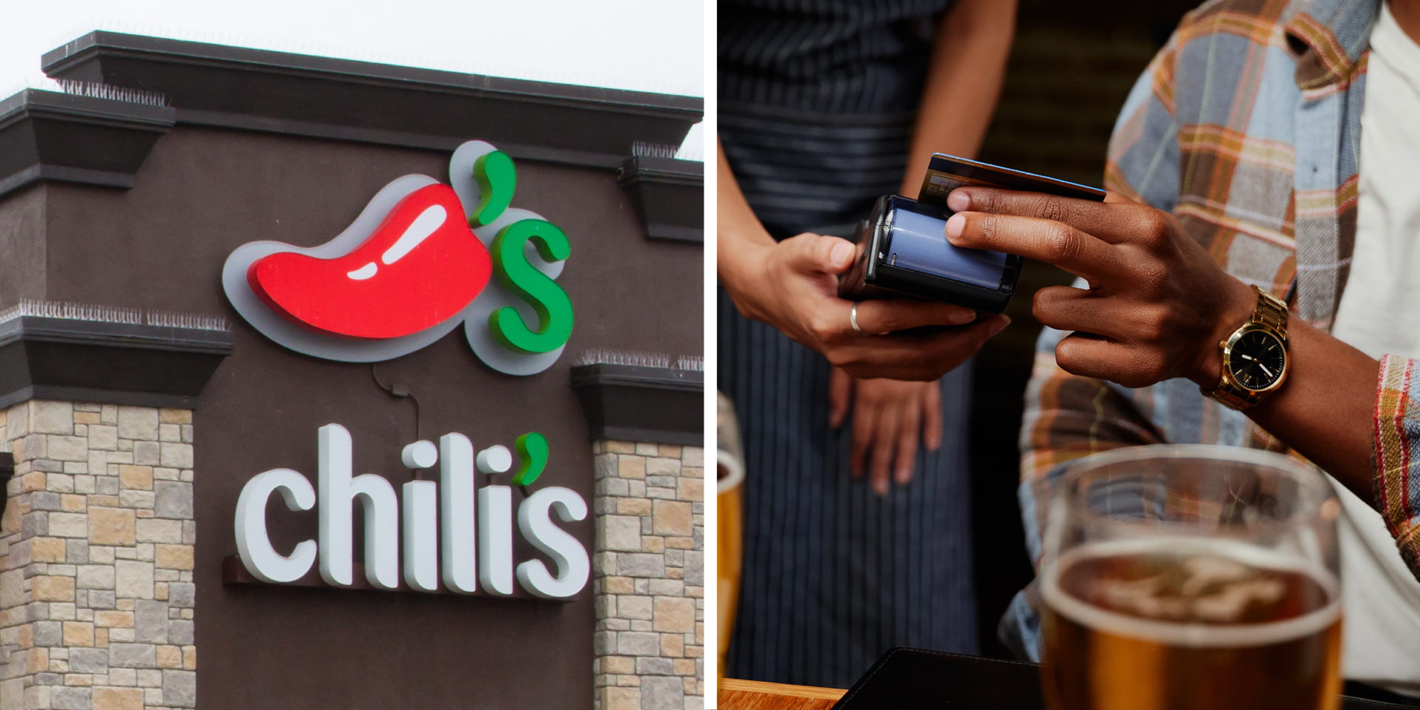 2 panel image: on the left is a Chili's restaurant and on the right a person pays a server at a restaurant.