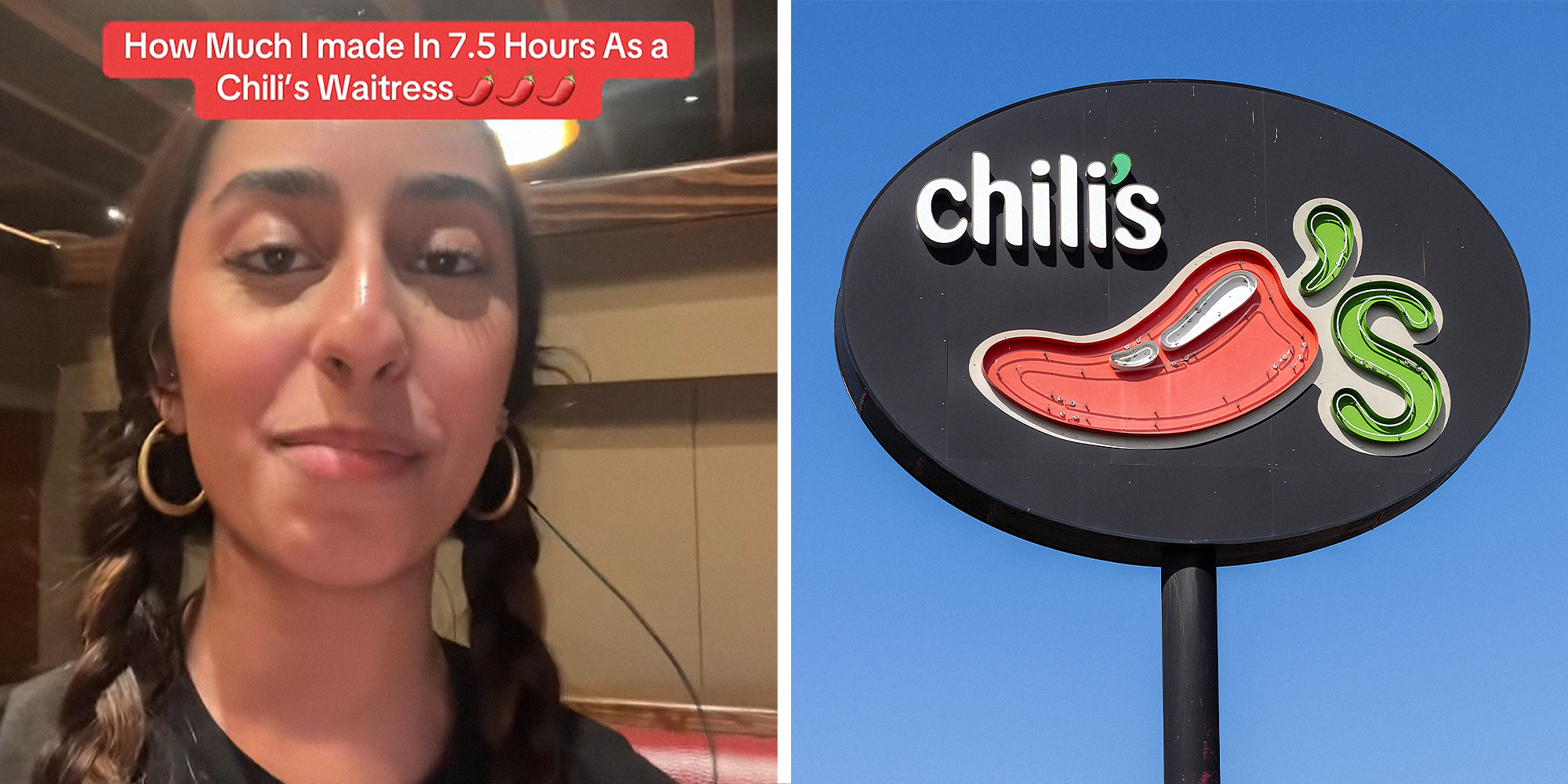 Split image. Woman in braids at restaurant with text that reads: "How much I made in 7.5 hours as a Chili's waitress (chili emoji x3) on left. Chili's signage on right.