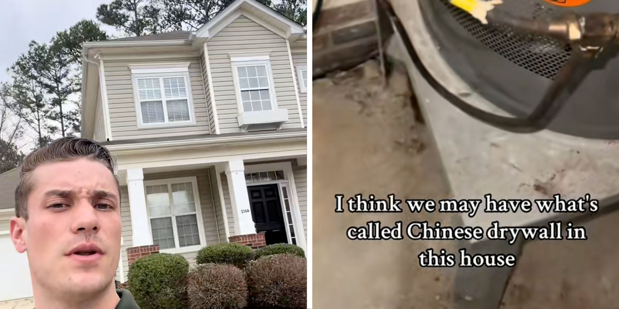 Screenshot of Tiktok user @andrew.matson7 in front of a house in North Carolina; Screenshot from @andrew.matson7's Tiktok with the caption "I think we may have what's called Chinese drywall in this house"