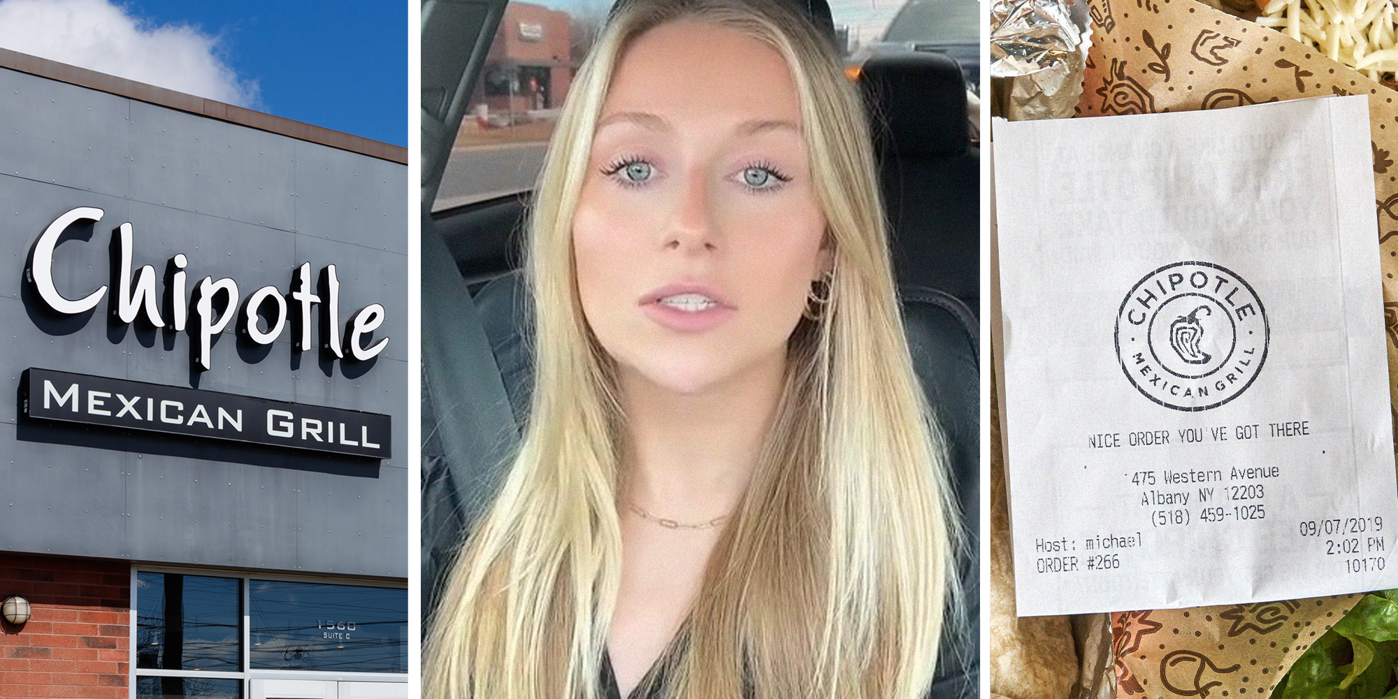 Chipotle sign on building(l) Woman shares how to get a cheap meal at chipotle(c) Chipotle Restaurant Receipt(r)