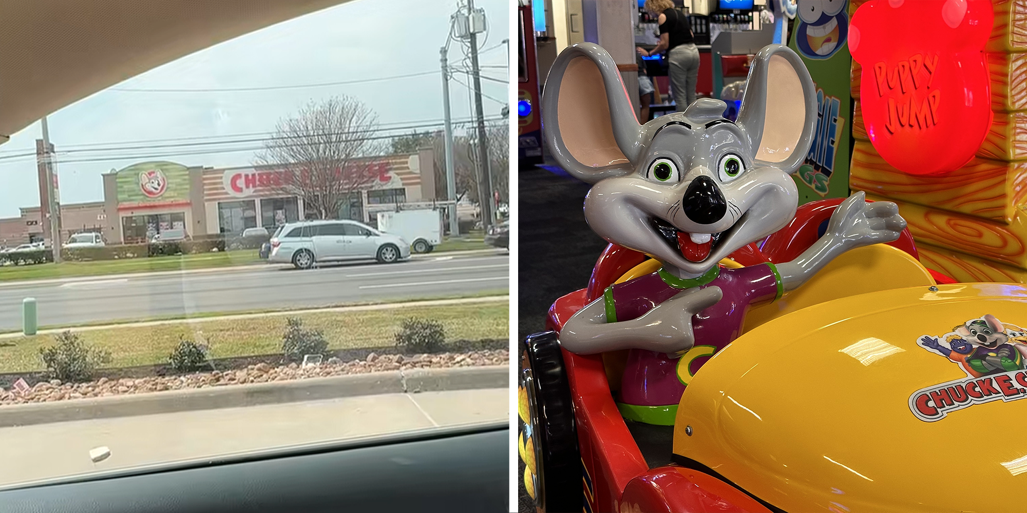 Far away image, out of car window, of new Chuck E Cheese sign on left. Chuck E Cheese ride on right.