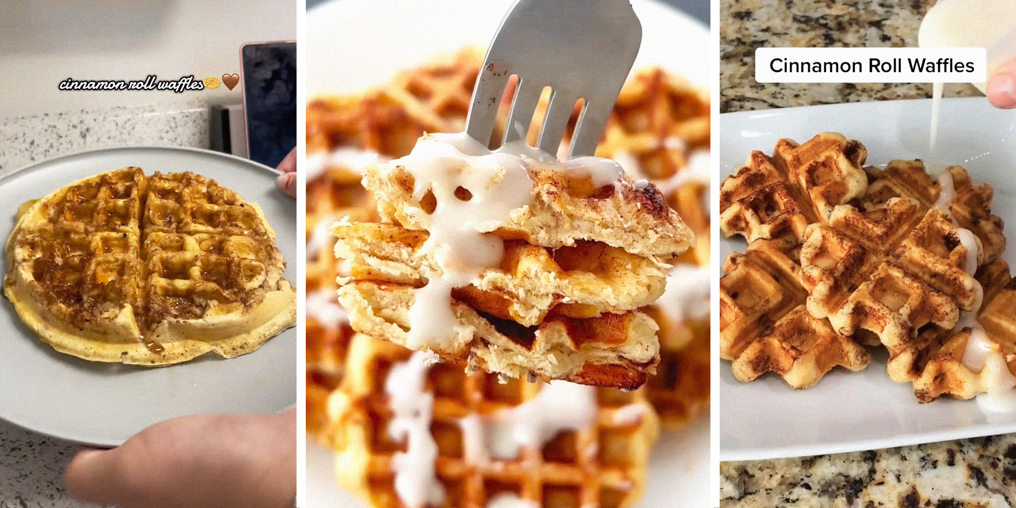 Cinnamon Roll Waffle on plate(l) Bite of Cinnamon Roll Waffle being held up by a fork(c) Cinnamon Roll Waffles on plate while syrup is being poured(r)