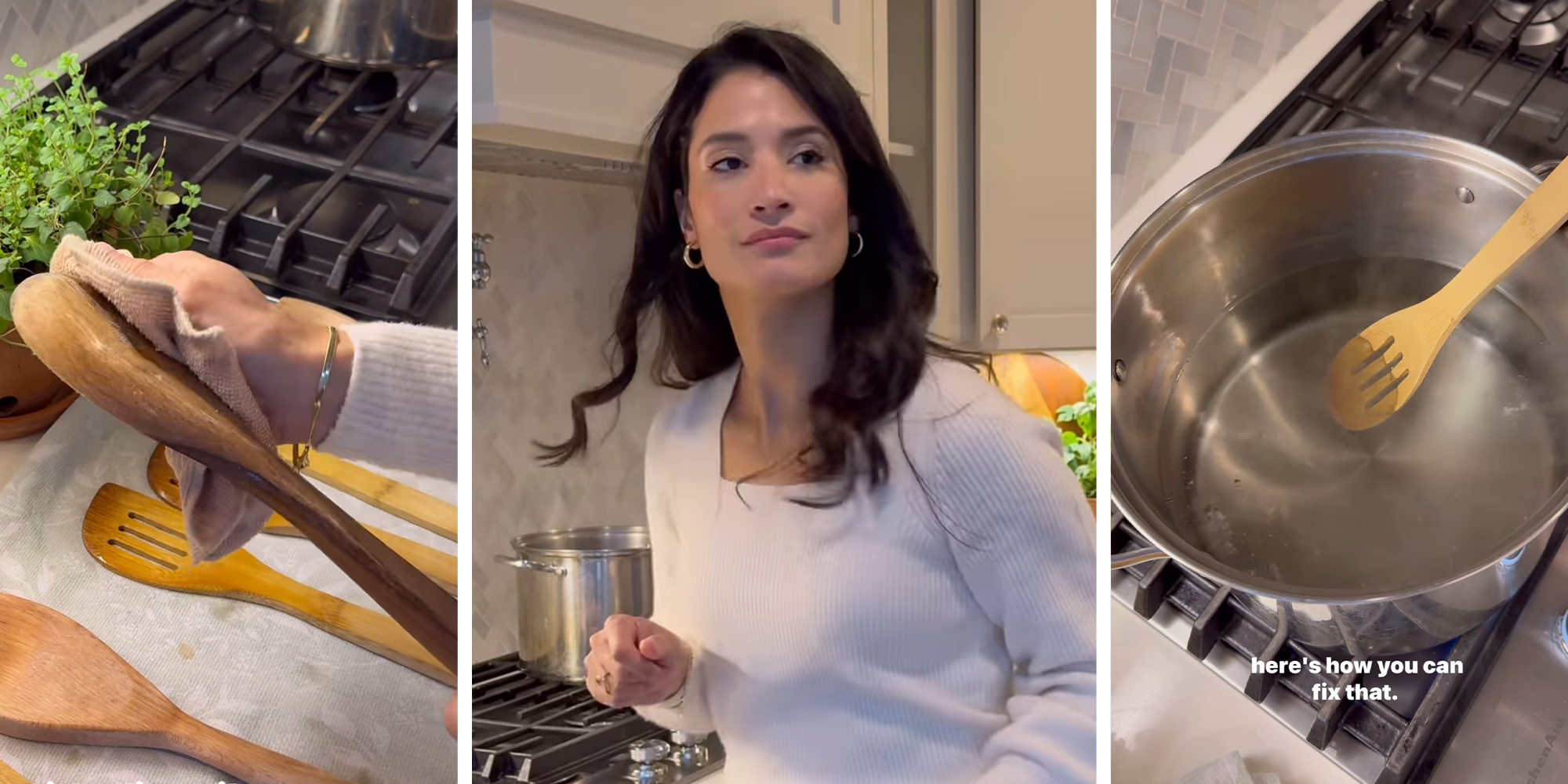 cleaning wooden spoon(l) Woman shares trick to clean your spoons(c) Wooden spoon in boiling pot(r)