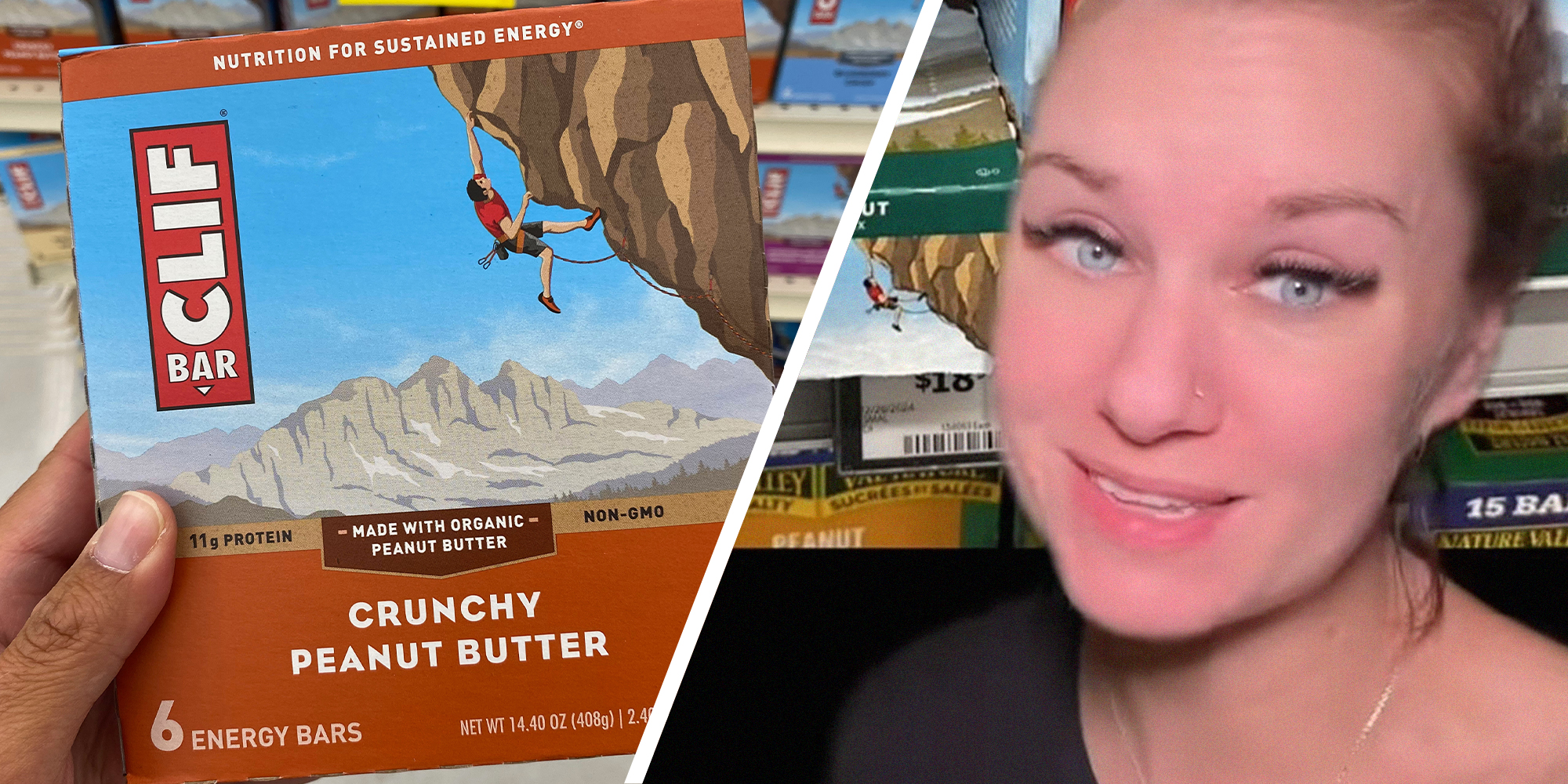 Clif Bar box (l) Woman shares what the new clif bar packages looks like(r)