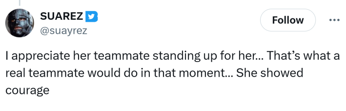 Reaction to the coach fired for pulling girl's hair, text reads, "I appreciate her teammate standing up for her… That’s what a real teammate would do in that moment… She showed courage"