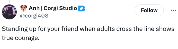 Reaction to the coach fired for pulling girl's hair, text reads, "Standing up for your friend when adults cross the line shows true courage."