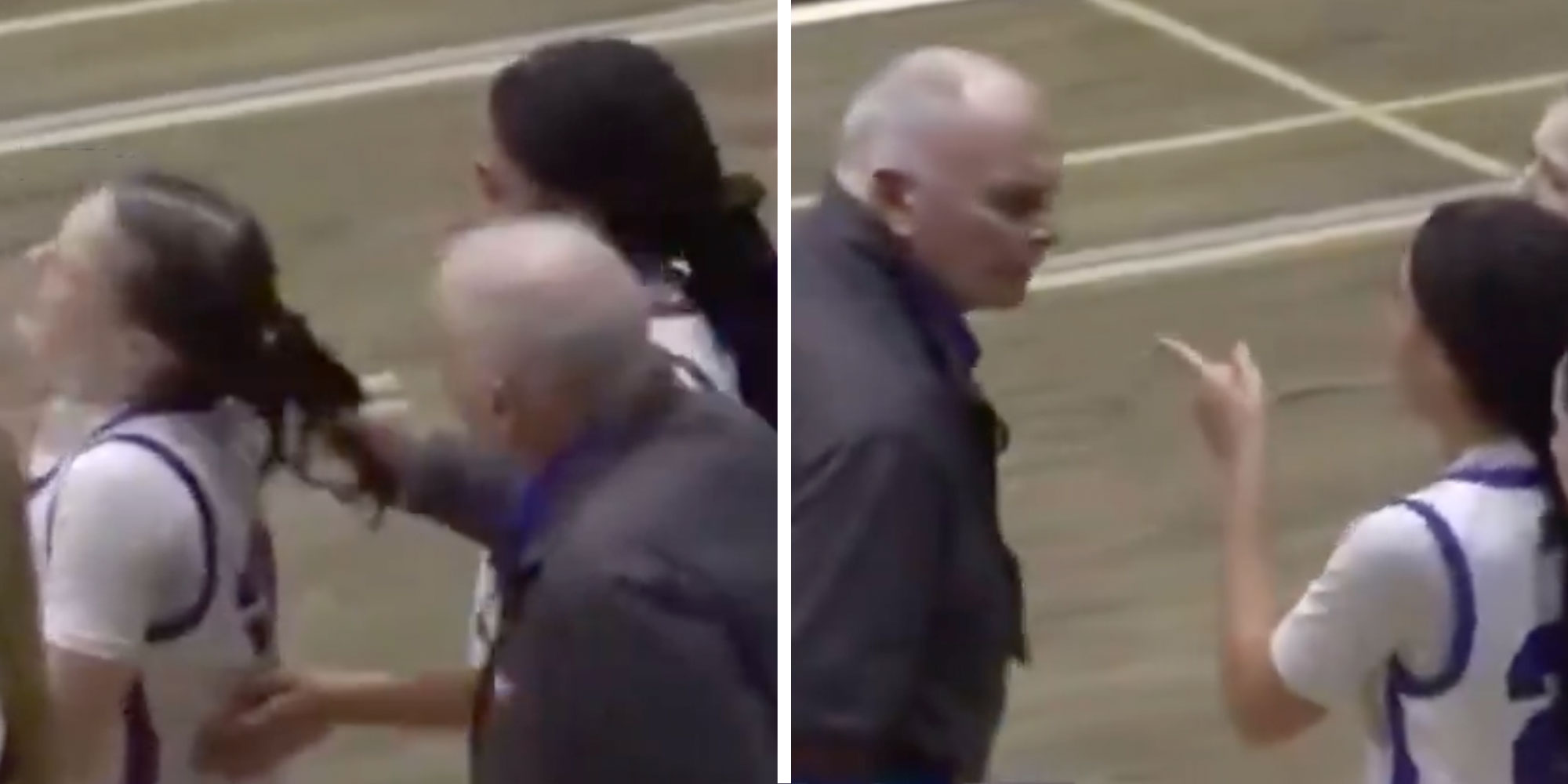 LefT: screenshot from X user @kirawontmiss of a coach pulling a young basketball players hair; Right: Screenshot of the player's teammate pointing at the coach.