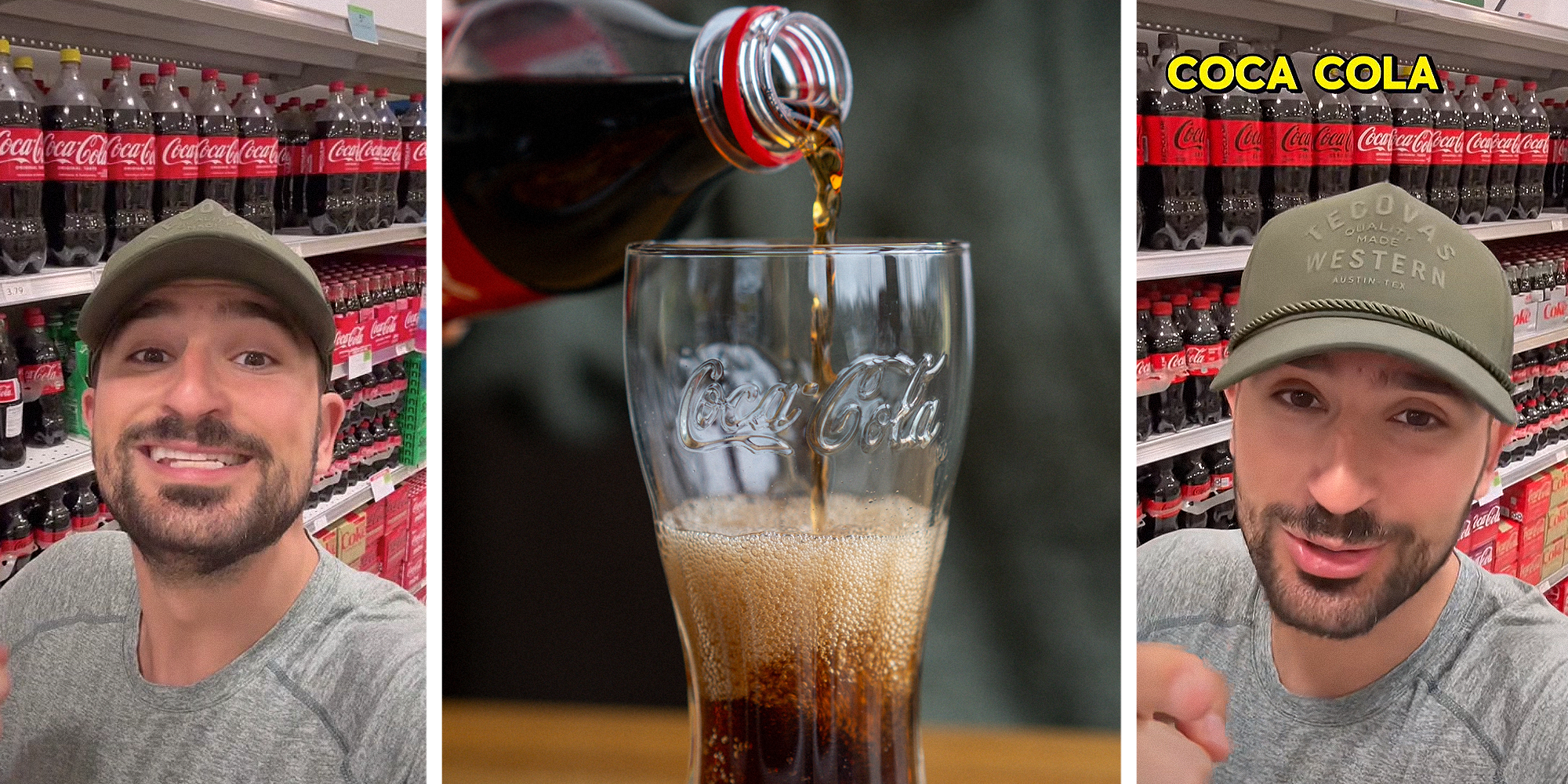 3 image split. Man in front of Coca Cola bottles in grocery store on right and left. Coca Cola being poured into Coca Cola cup in center.