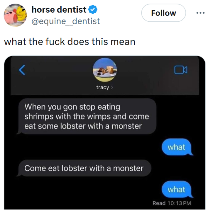 Tweet with a screenshot of a text conversation reading "what the fuck does this mean."