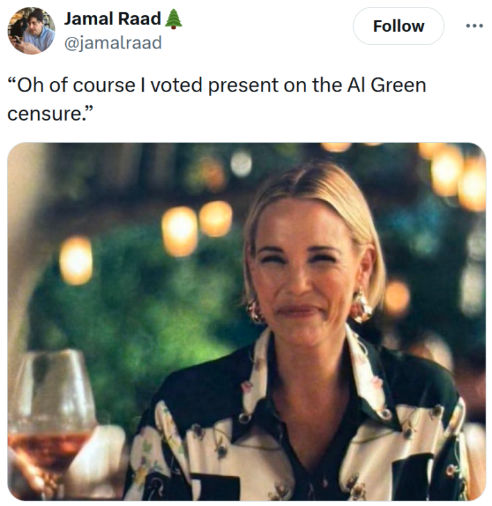 Coming Out As A Trump Voter meme about voting present on the Al Green censure.