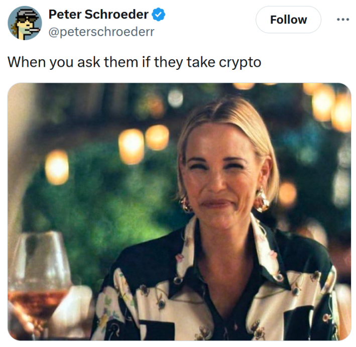 White Lotus meme reading "When you ask them if they take crypto."