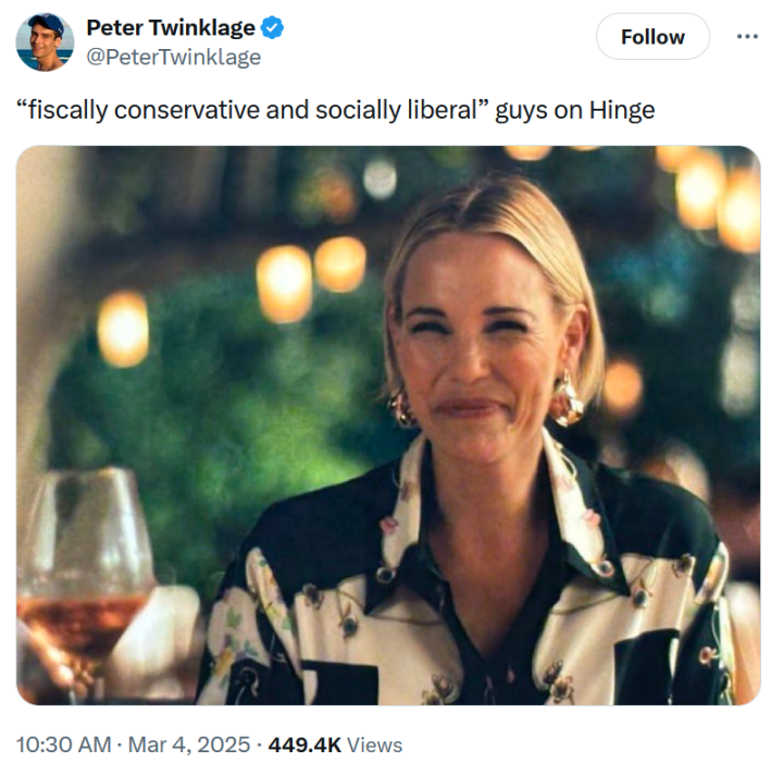 Coming Out As A Trump Voter meme about Hinge guys who call themselves "fiscally conservative and socially liberal."