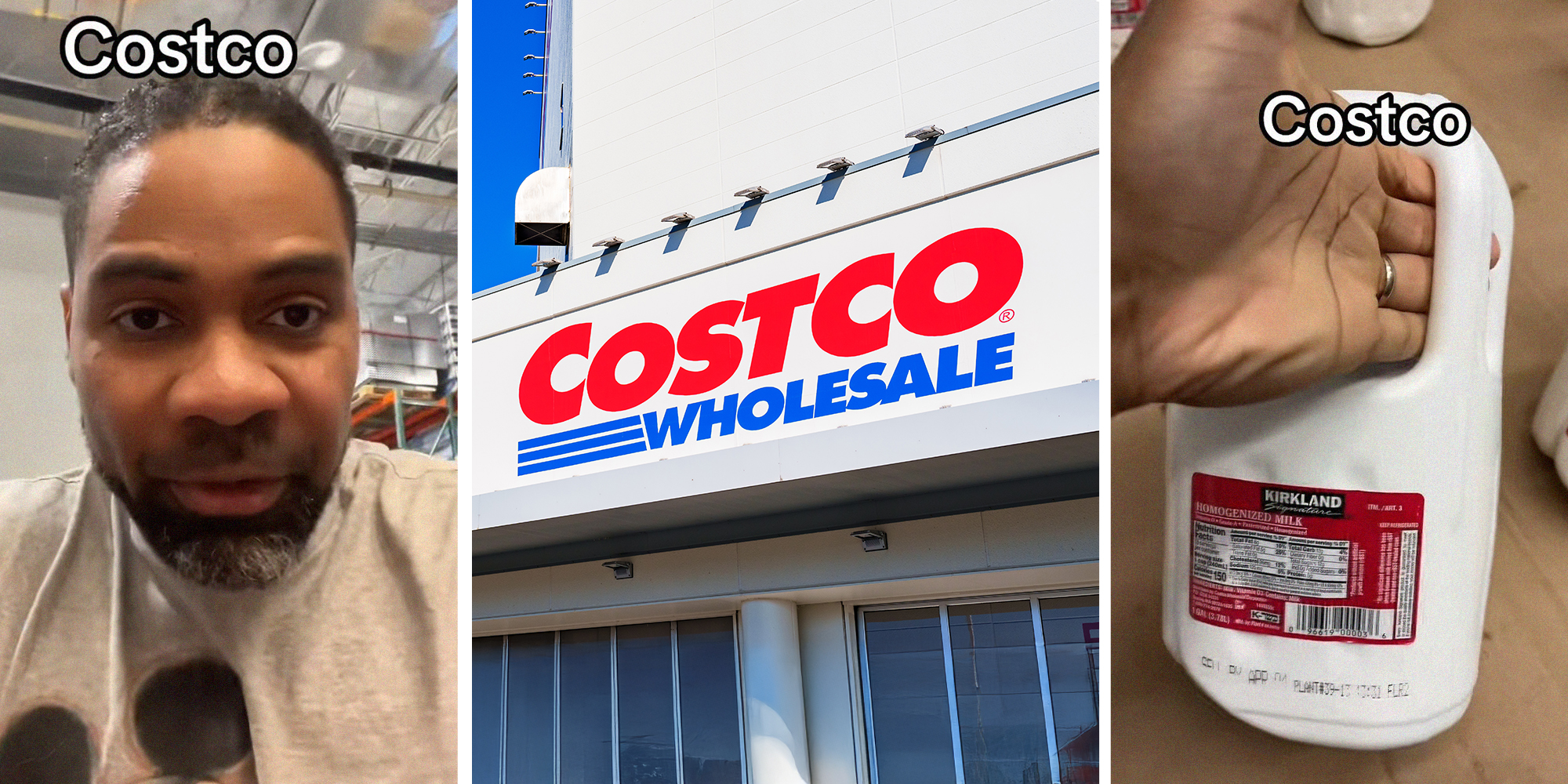 man shares what he bought at costco(l) Costco Store Front(c) Costco Milk(r)
