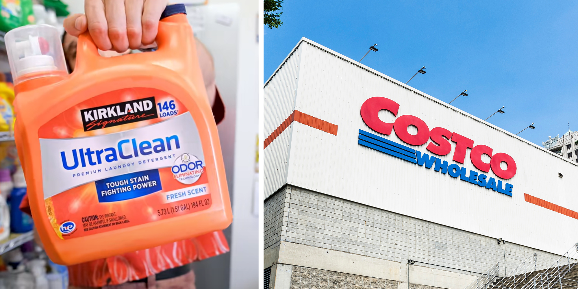 Kirkland detergent being held up on left. Costco storefront on right.