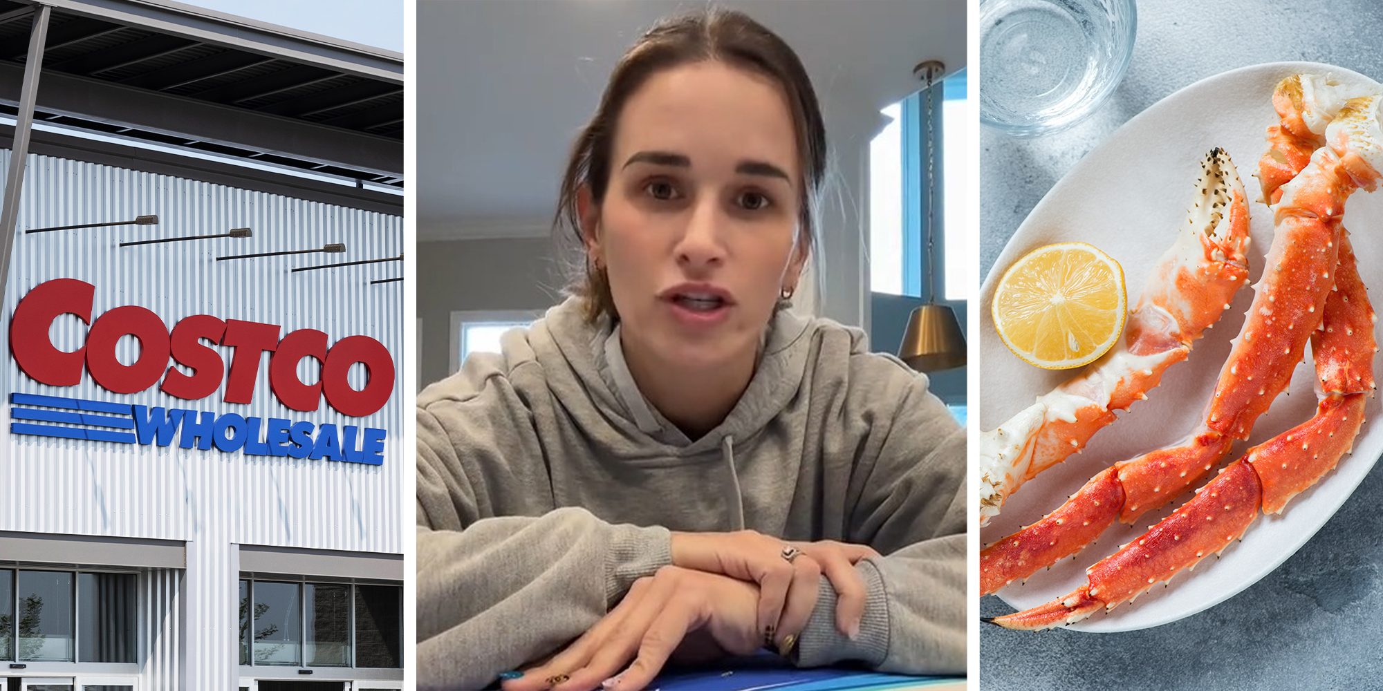 Costco wholesale(l) Woman shares the crab legs she bought at Costco(c) Crab Legs on white plate next to lime(r)