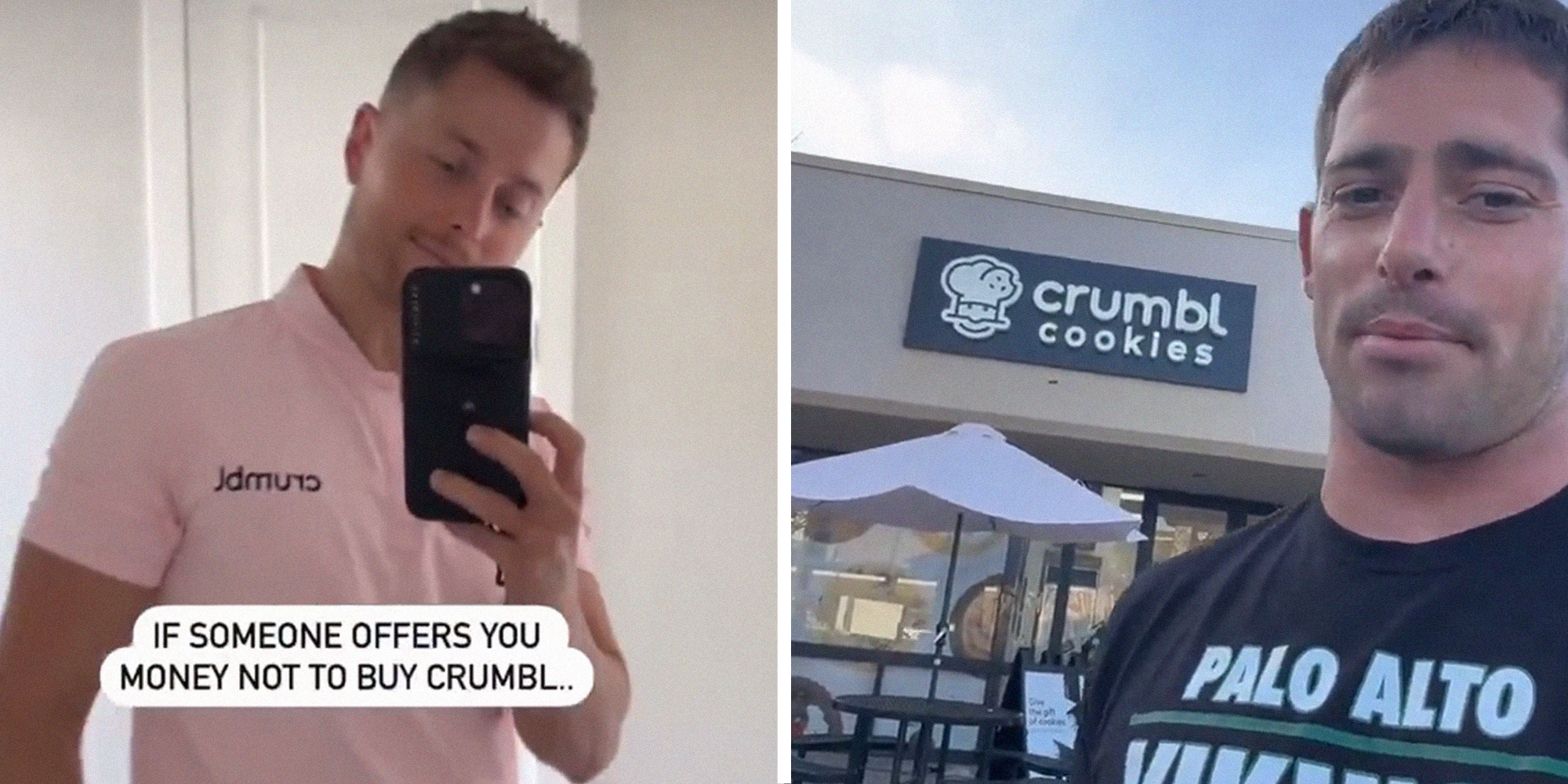 CEO of Crumbl Cookie(l) Influencer infront of crumbl Cookies(r)