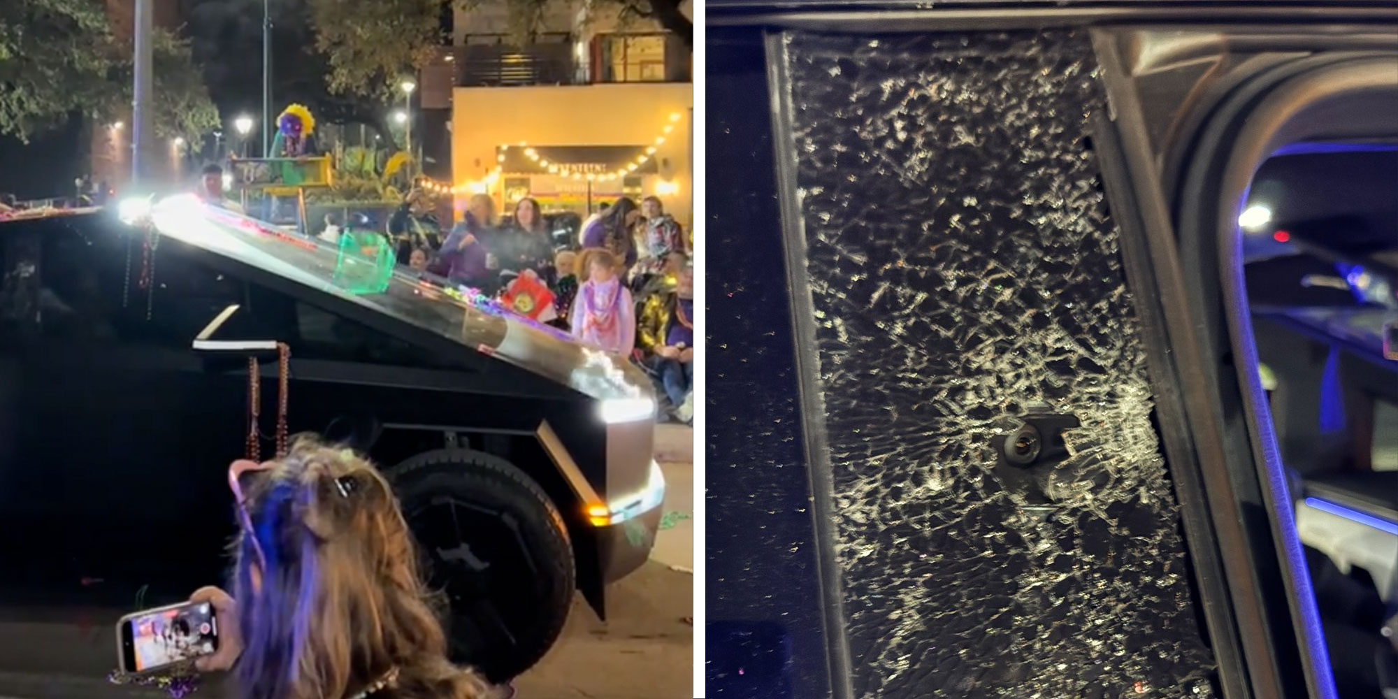 Screenshot from Tiktok user @chercheur_de_verite of a cybertruck being pelted with beads during Mardi Gras; Photo from X user @JEHazel75 of a broken Cybertruck window