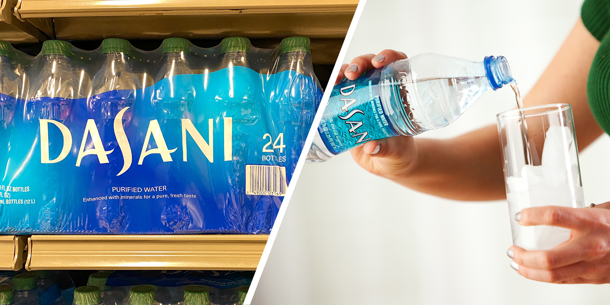 Dasani Water bottles(l) Dasani being poured on cup(r)