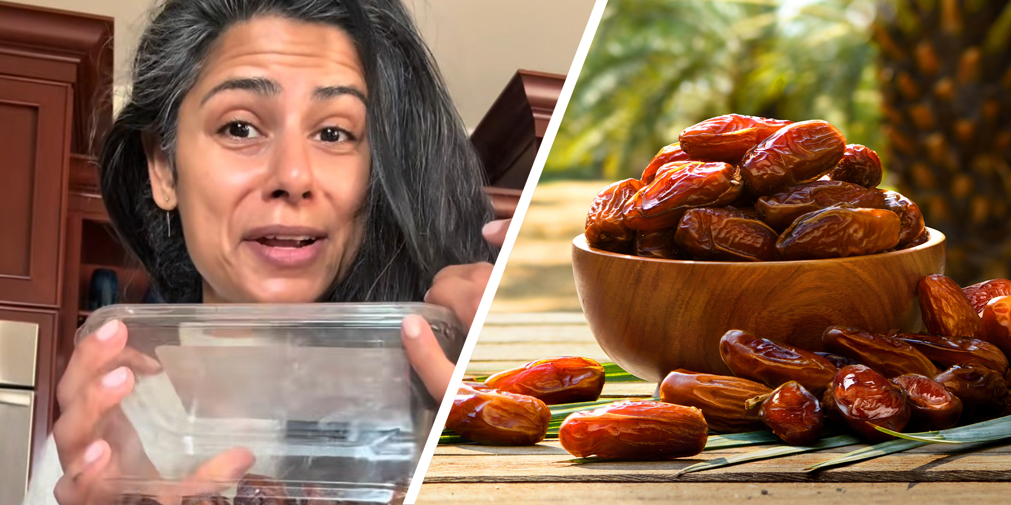 woman shares information about dates fruit(l) Dried dates fruits with dates palm plantation background(r)
