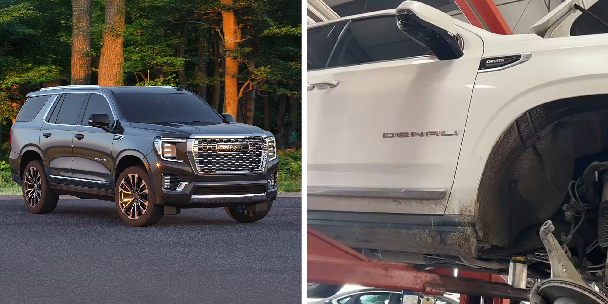 Black GMC Denali(l)White GMC DENALI Lifted at mechanics(r)