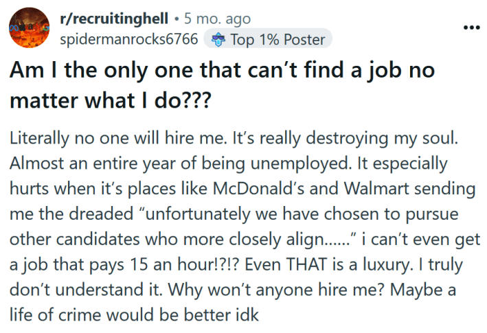 Reddit post titled "Am I the only one that can’t find a job no matter what I do???" with body text reading "Literally no one will hire me. It’s really destroying my soul. Almost an entire year of being unemployed. It especially hurts when it’s places like McDonald’s and Walmart sending me the dreaded “unfortunately we have chosen to pursue other candidates who more closely align……” i can’t even get a job that pays 15 an hour!?!? Even THAT is a luxury. I truly don’t understand it. Why won’t anyone hire me? Maybe a life of crime would be better idk"